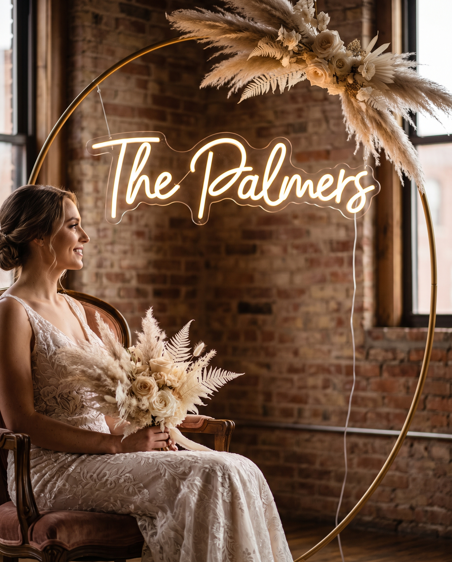 LED-Neonschild „The Palmers“ mit der Braut im Profil – Neon Atelier