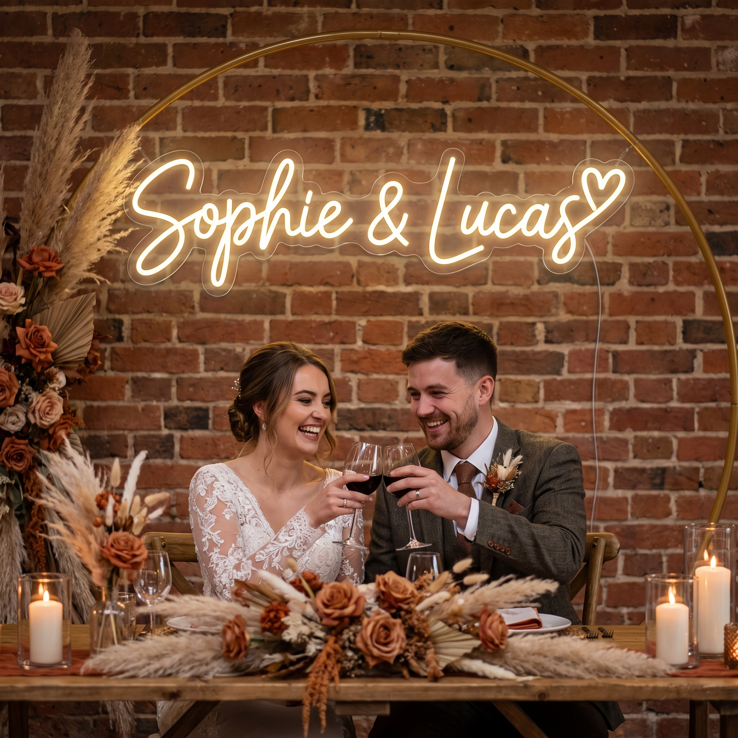 LED-Neonschild „Sophie & Lucas“ beim Anstoßen auf der Hochzeit – Neon Atelier