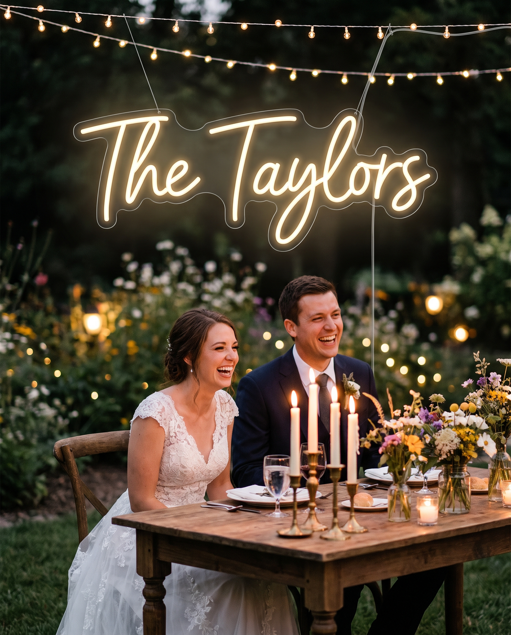 LED-Neonschild „The Taylors“ über dem Brauttisch bei der Hochzeit – Neon Atelier