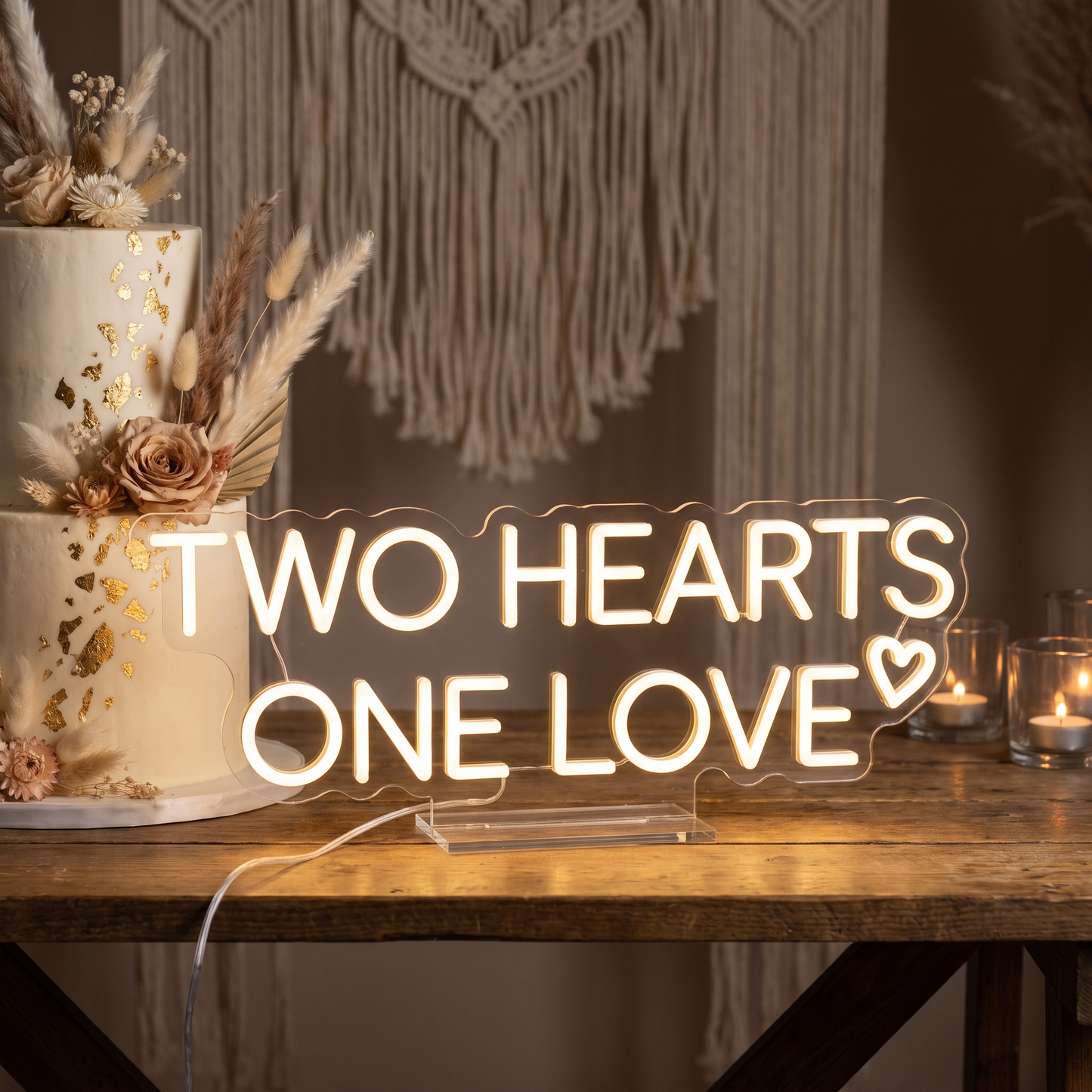 LED-Neonschild „Two Hearts One Love“ hinter der Hochzeitstorte – Neon Atelier