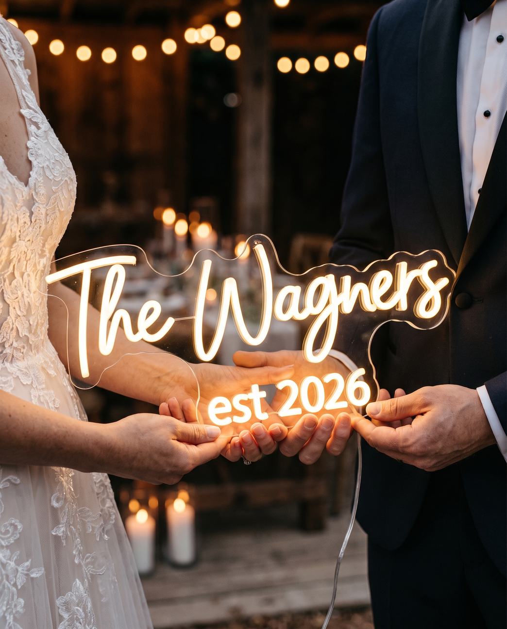 LED-Neonschild „The Wagners Est. 2026“ in der Hand gehalten bei der Hochzeit – Neon Atelier