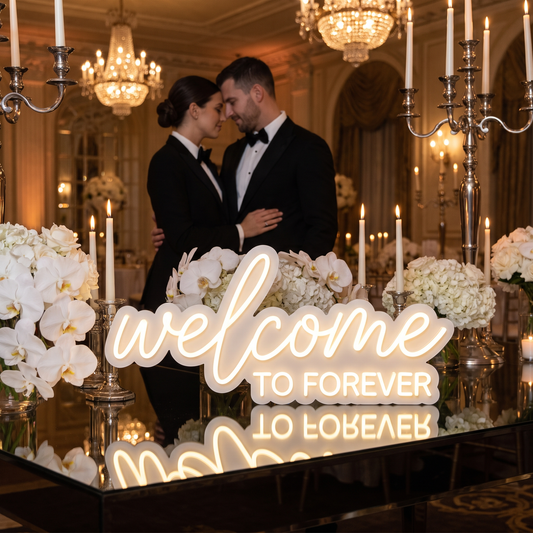 LED-Neonschild „Welcome to Forever“ im Ballsaal der Hochzeitsfeier – Neon Atelier